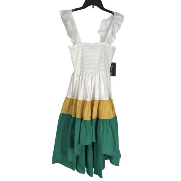 Bebe Dress Womens Size Small High Low Ruffle Tiered Now Back Smocked White Green - Picture 1 of 10